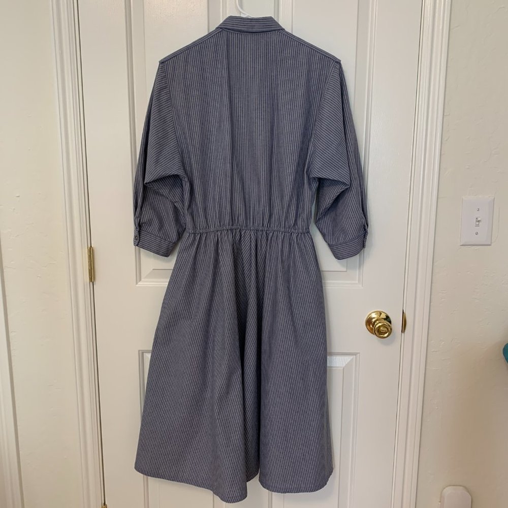 Railroad strip button down shirt dress with pockets and full circle skirt - Picture 4 of 8